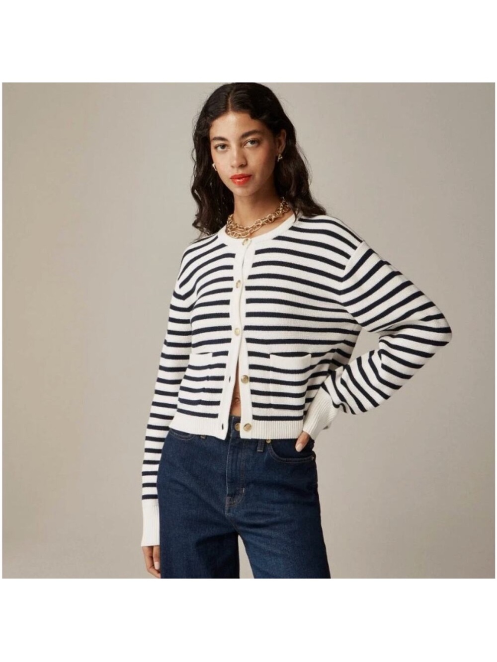 J. Crew Navy and White Striped Button-Front Cardigan